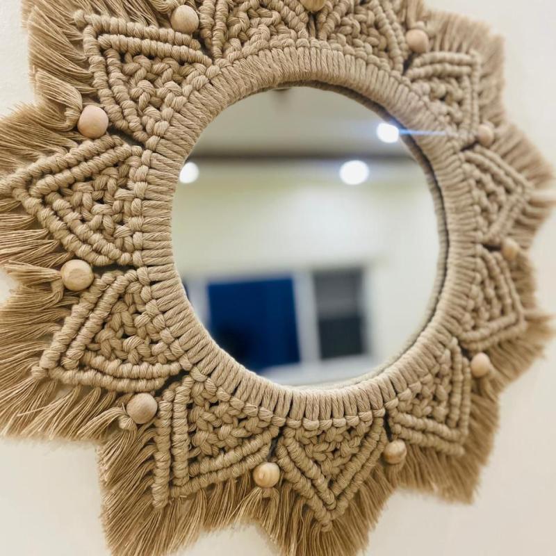 Decor Mirror For Walls With Crochet Star Shape Frame With Wooded Beads،  (Price Depends On Size)