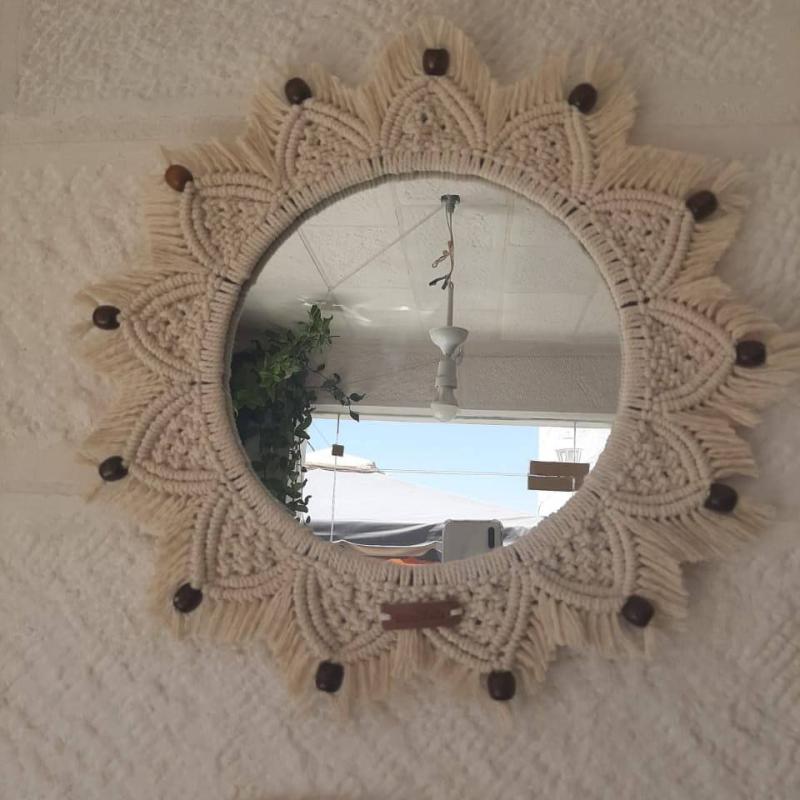 Mirror  Decor , Fabric Woven Boho Macrame Door Mirror، With Wooden Beads (Price depends on size)